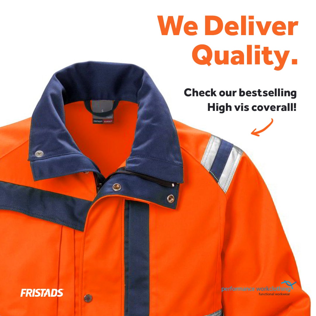 Social Media post for Performance Workclothing, saying We deliver quality, Check our bestselling High vis coverall